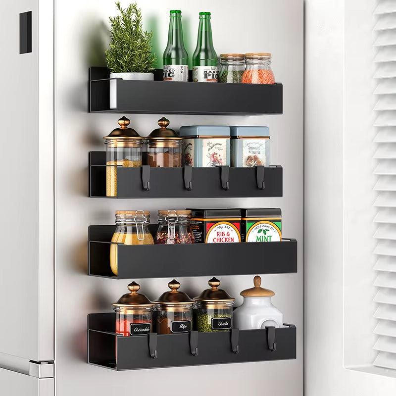 Magnetic Refrigerator Organizer - No Drill Side Mounted Spice Rack, Adjustable Kitchen Storage with Hooks for Condiments & Utens