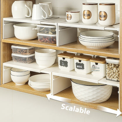 Scalable Kitchen Storage Rack with Layered Dishes and Bowls