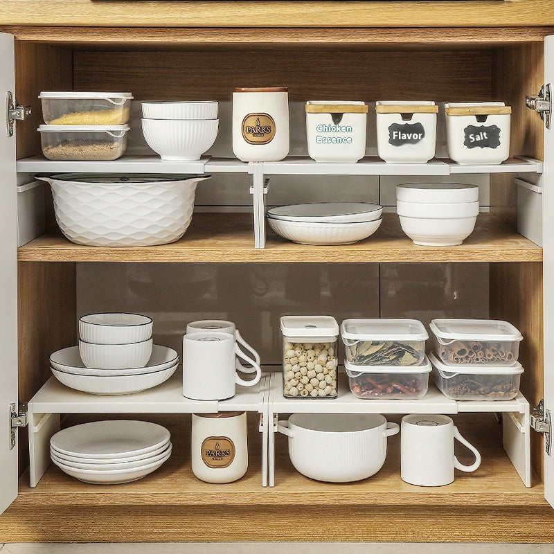 Scalable Kitchen Storage Rack with Layered Dishes and Bowls