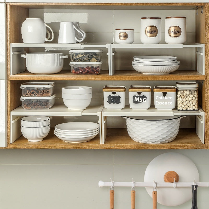 Scalable Kitchen Storage Rack with Layered Dishes and Bowls